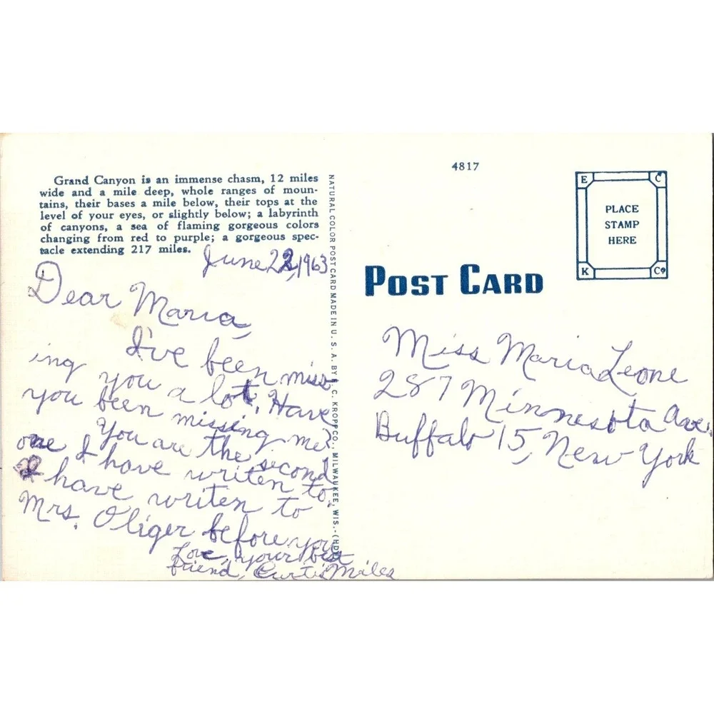 Vintage Linen Postcard Bright‎ Angel Point Grand Canyon National Park 1963